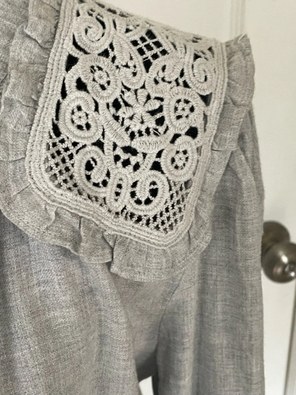 LOFT Light Grayish green Button Placket Top with Crochet Shoulder Panels - Picture 3 of 6